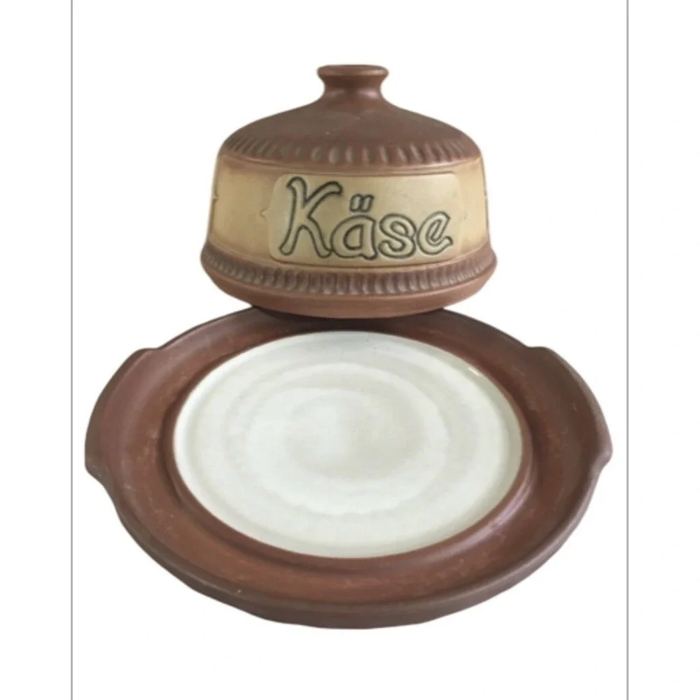 Vintage German Ceramic‎ Käse Cheese Dome Covered Dish Brown Beige Stoneware MCM